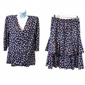 Paquette Too! Vtg 80s Womens Top Skirt Set Cottagecore Secretary Floral Sz 8